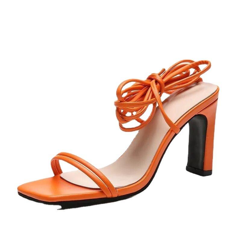 Large size square head high heel women's sandals summer new anklets straps open toe sandals women omn snals