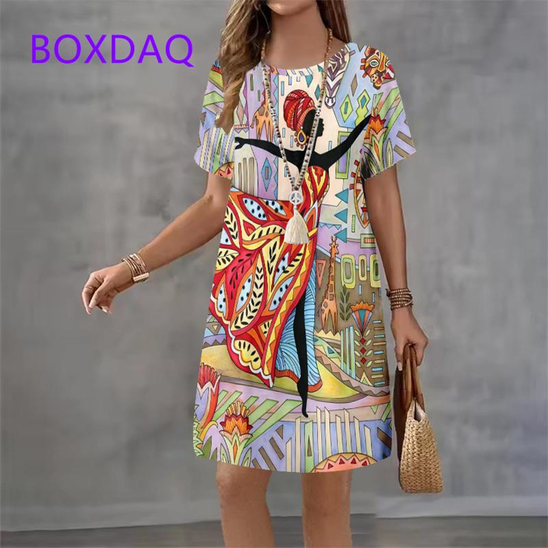 

Retro African Style Print Women Dress Summer Women Dress Streetwear Clothes Short Sleeve O-Neck Loose Casual Mini Dress S