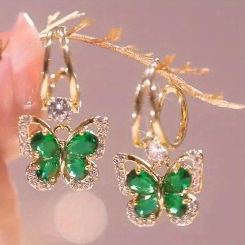 Green Butterfly Drop Earrings for Women, Hypoallergenic Stainless Steel Posts, Sturdy Alloy Fashion Dangle Jewelry Set of 2