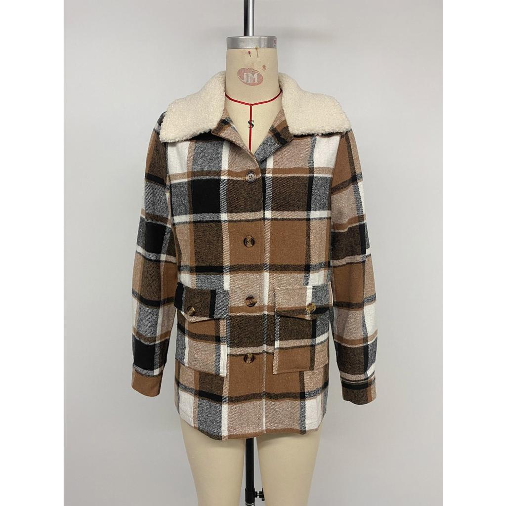 2025 Women's Autumn Winter Vintage Plaid Coat with Fleece Lined Collar - Cross-border Office Casual Versatile Outerwear for Europe America