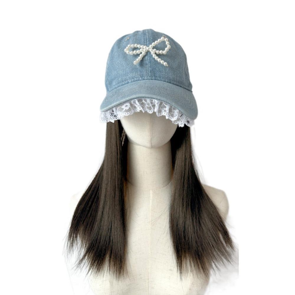 

Парик Регулируемая Джинсовая Шляпа Парик Жемчужный Бант Длинные Прямые Волосы Кружевная Бейсболка с Париком Спорт светло-коричневого