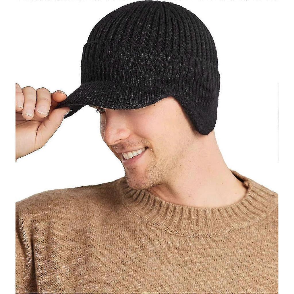 Winter Visor Beanie Hat with Earflaps for Men Warm Fleece Lined Knit Baseball Cap Ski Hat