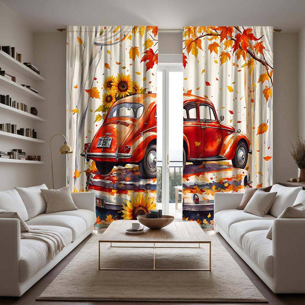 2pcs HD Autumn Maple Pickup Truck Decorative Curtain Yellow Tie Digital Printed Curtain Home Decoration Style Decoration Livi