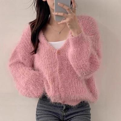 Efterår Vinter V-hals Enkeltknappet Ensfarvet Sweater Dame Løs Afslappet Alt-match Cardigan Strikket Top