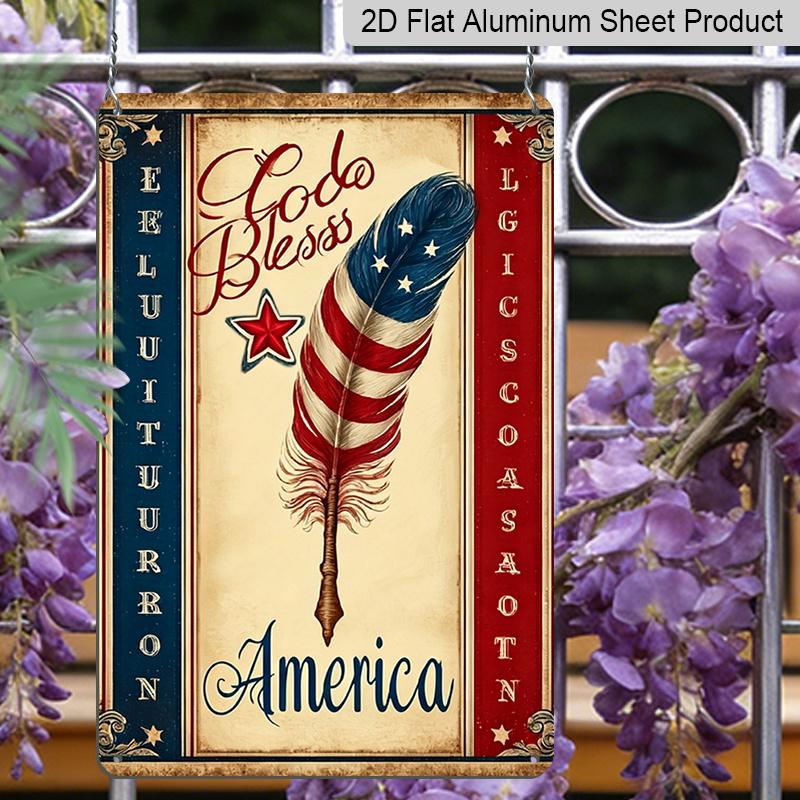 2D Flat, 1pc Patriotic Metal Sign - God Bless America Wall Art with Stars Feathers Design, 8x12 Inch Rustic Aluminum Sign for 4th of July Outdoor
