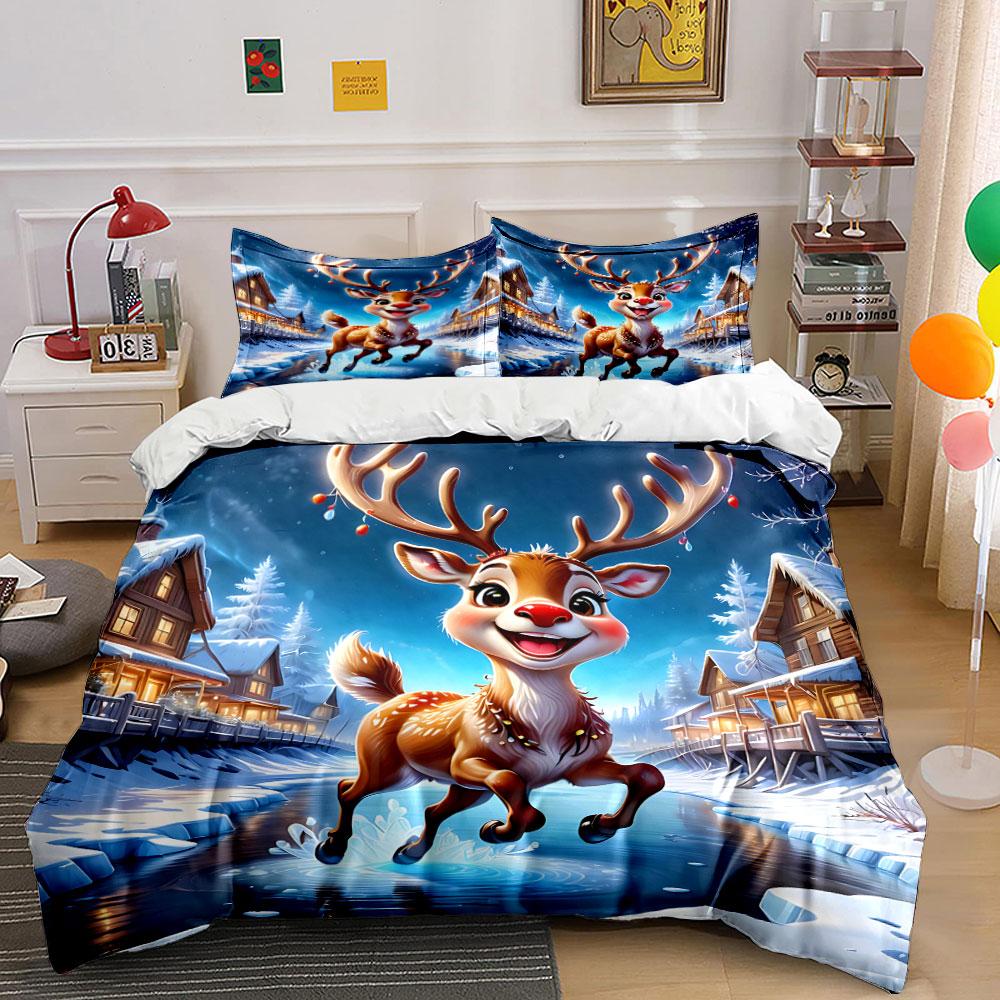 Cute Winter Reindeer Cabin Printed Bedding Set Kid'S And Adults' Bedroom Decor, Exquisite Three-Piece Bedding Set Gift
