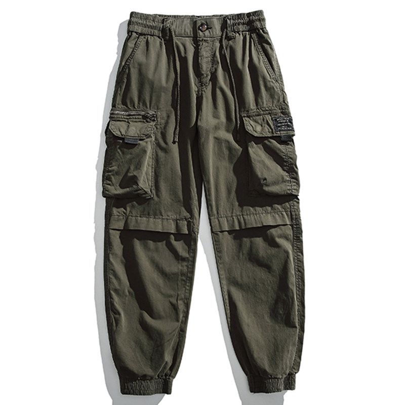 Japan fashion Retro Spring and Autumn Men s Loose Ankle-tied Multi-pockets Overalls American Casual All-matching Cotton Sports Trousers Army green 36