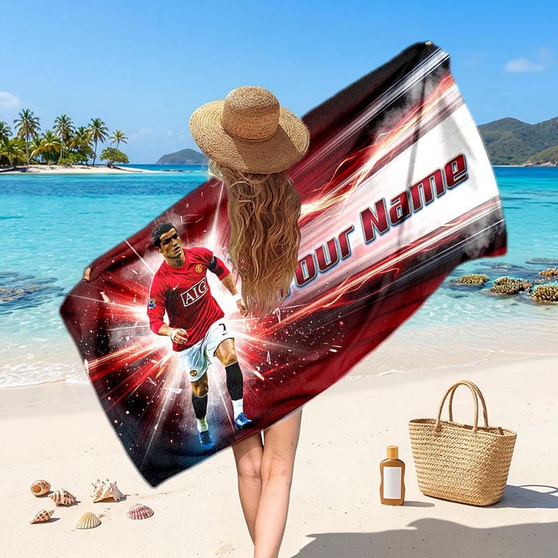 Cristiano Ronaldo Custom Beach Towel, Personalized Name Text Print, Football Logo Soft Quick‑Dry Towel Holiday Gift