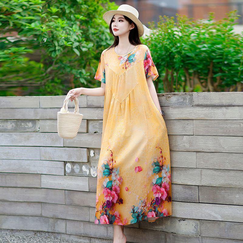 Summer Women's Plus Size Dress Loose Round Neck Floral Dress Soft Skin-friendly Breathable Long Dress
