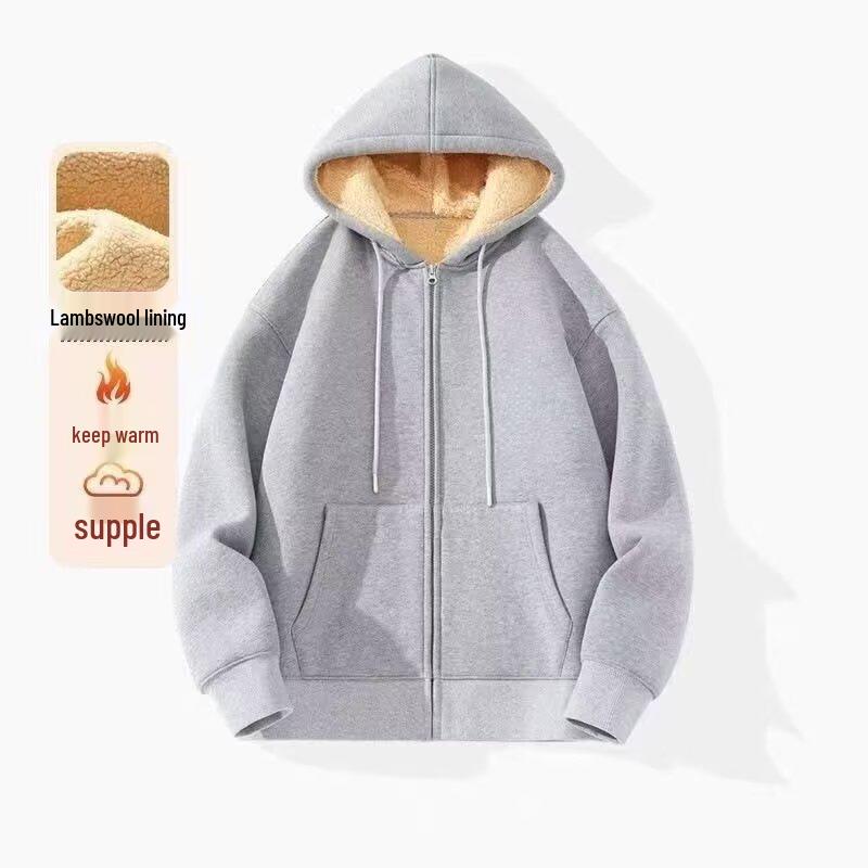 Men s Lambswool Hoodie Jacket: Autumn/Winter Solid Color, Plus Velvet, Loose Fit, Zipper, Hooded Cardigan 4XL