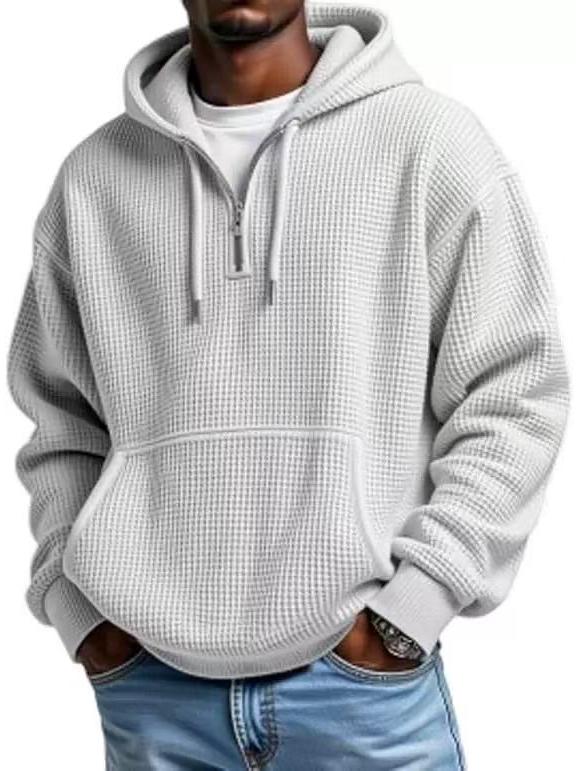 European Heavyweight Waffle Long Sleeve Hooded Sweatshirt - Men's Loose Fit, Pure Color, Casual Style