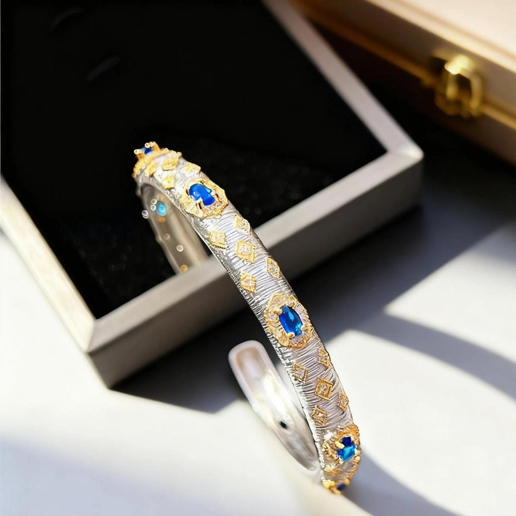 Meiji Two-Tone Italian Retro Bracelet with Rhinestones and Brushed Emerald Court Style