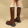 New retro brown western cowboy boots  belt buckle knee long boots thick-soled high knight boots