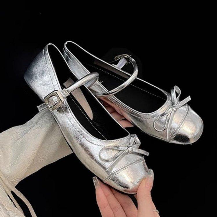 French Round Head Bow Flat Sole Shoes Women's Summer New Small Leather Shoes Shallow Mouth Mary Jane Skirt