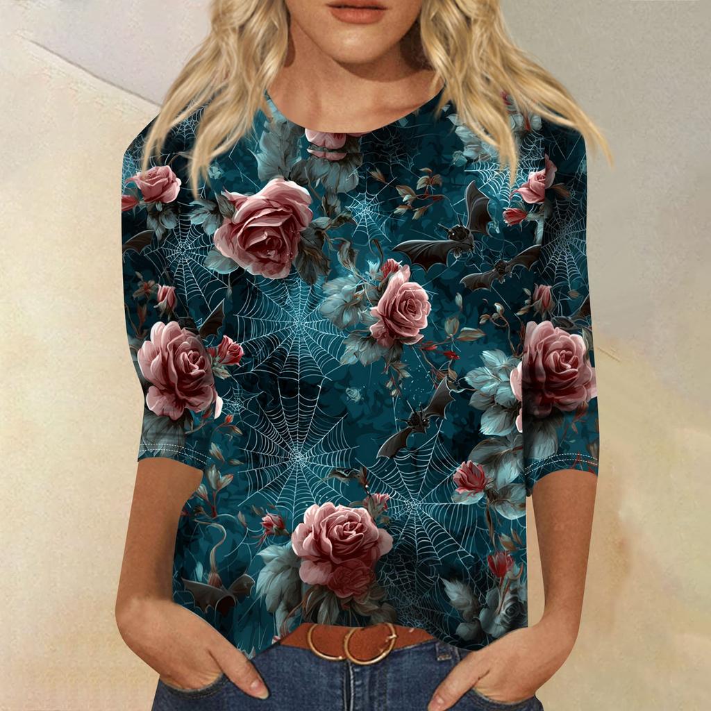 Women's Halloween Print Shirt 3/4 Sleeve Round Neck Loose Fit Casual Blouse Top Comfortable Everyday Wear