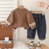 Boy's cartoon sweater cardigan set, Baby's spring and autumn wear long sleeves, Stylish jeans, Fashionable three piece set