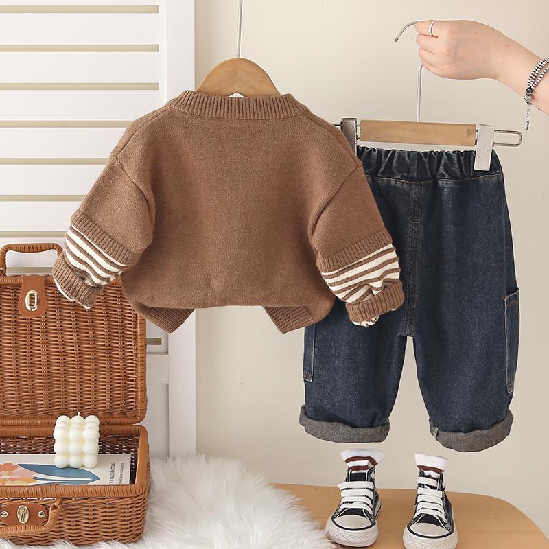 Boy's cartoon sweater cardigan set, Baby's spring and autumn wear long sleeves, Stylish jeans, Fashionable three piece set