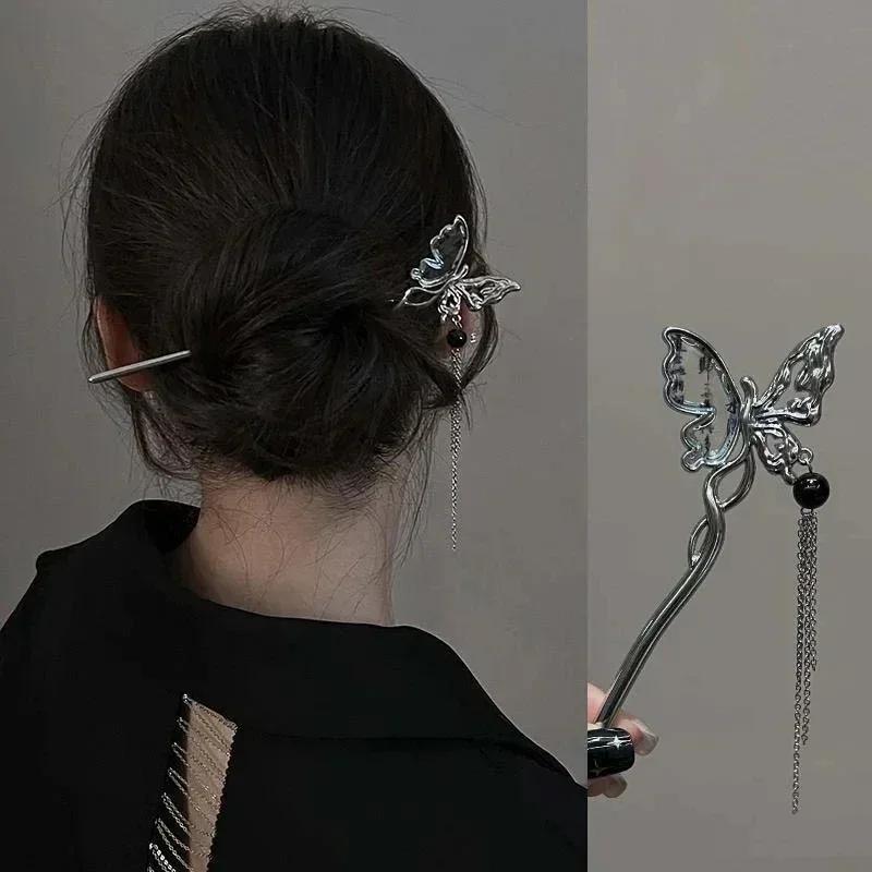 New Chinese Style Butterfly Flower Tassel Hair Stick for Women Vintage Metal Hanfu Chopstick Hair Sticks Hair Accessories