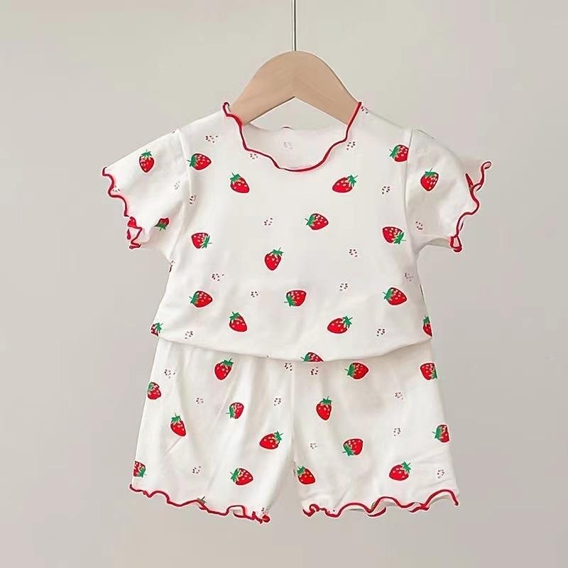2Pcs/Set Baby Girls Strawberry Pajamas Set Summer Short Sleeve Thin Toddler Kids Sleepwear Infant Home Wear Clothes