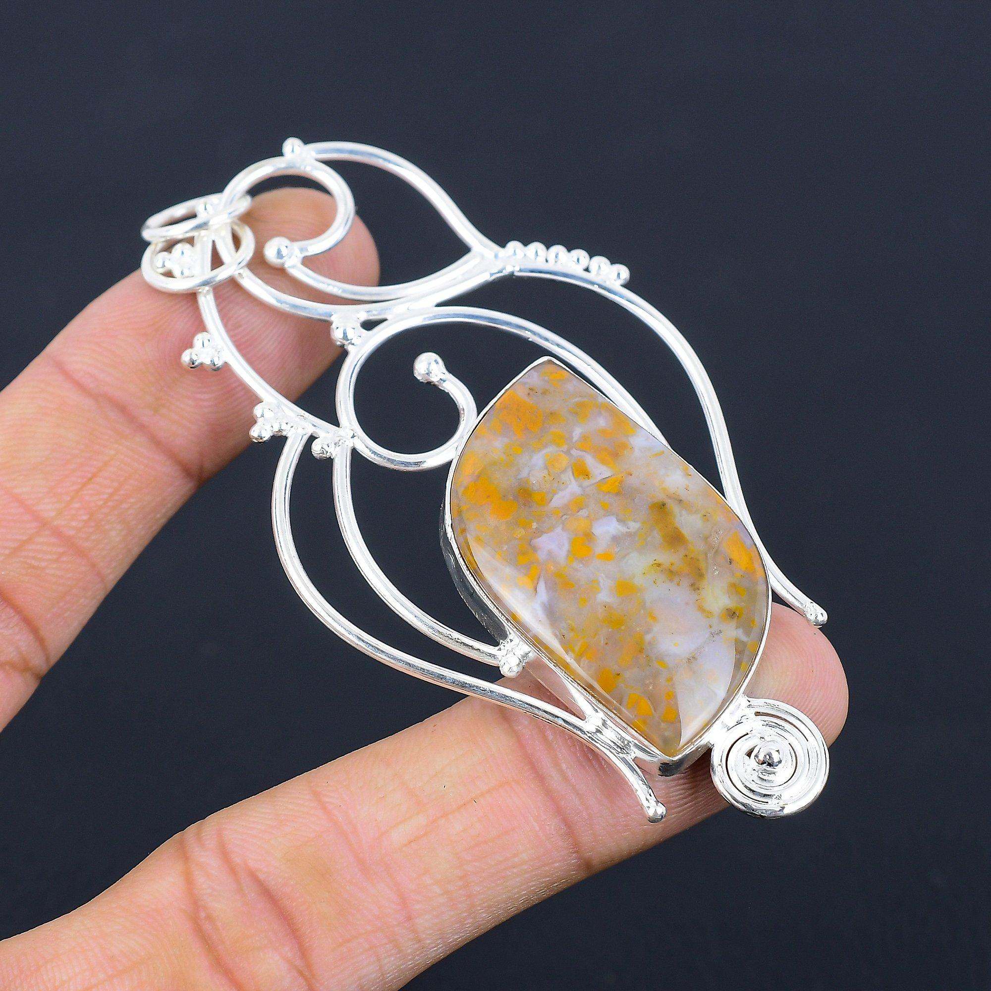 Marquise Natural Plume Agate 925 Silver Art Deco Wife Bezel Trendy New Pendant