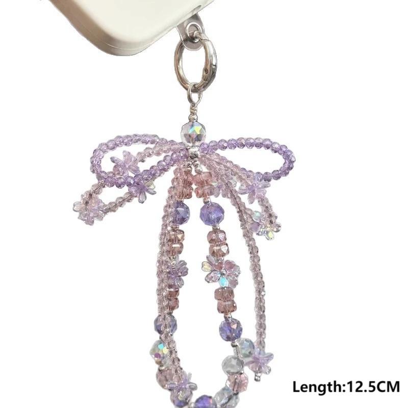 Korean Crystal Bow Irregular Bead Key Chains for Women Purple Tassel Simple Shiny Metal Buckle Bag Mobile Pendant Accessories