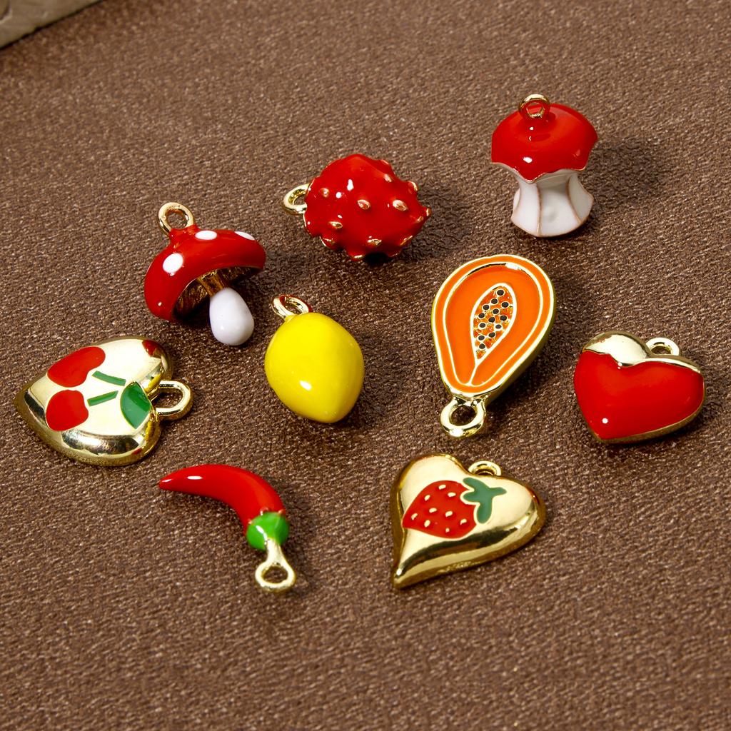 2PCs Brass Charms 18K Gold Plated Fruit Enamel Strawberry Apple Lemon Mushroom Pendants For DIY Necklace Bracelet Jewelry Making