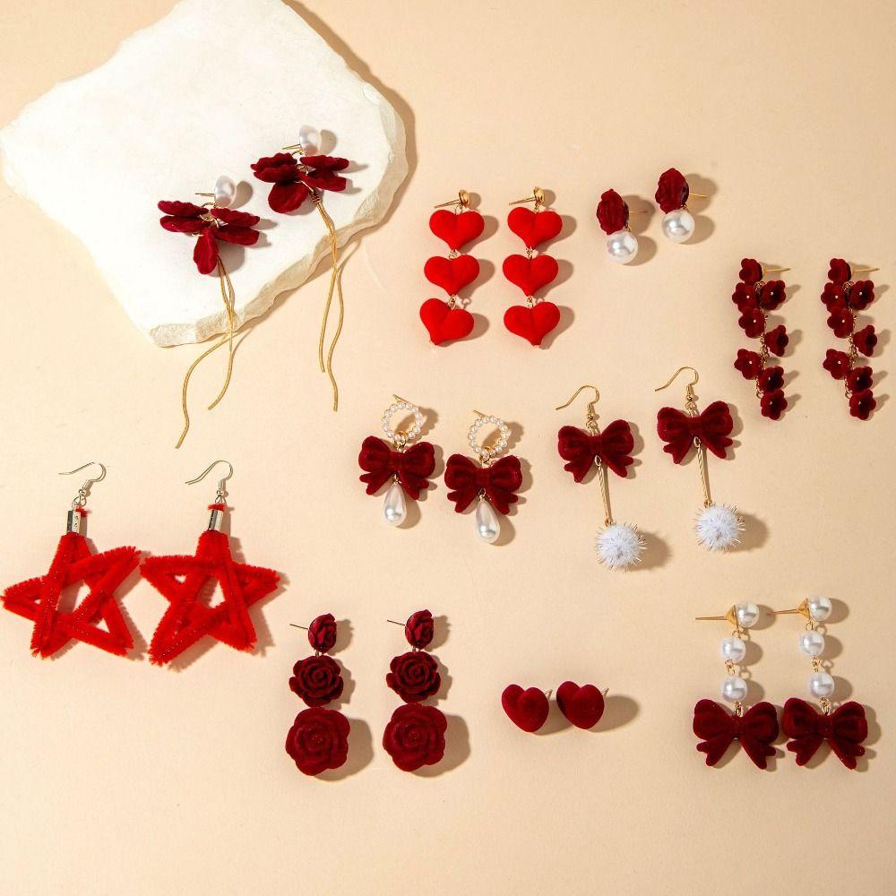 Bowknot Wine Red Bow Drop Earrings Pearl New Year Earrings Elegant Red Velvet Bow Earrings Girl