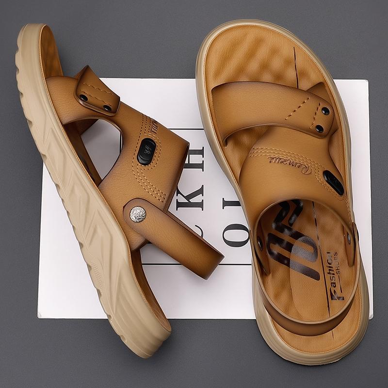 

New Summer Minimalist Design Leather Men Sandals Outdoor Breathable Casual Handmade Comfortable Soft Sole Beach Sandals 44 хаки