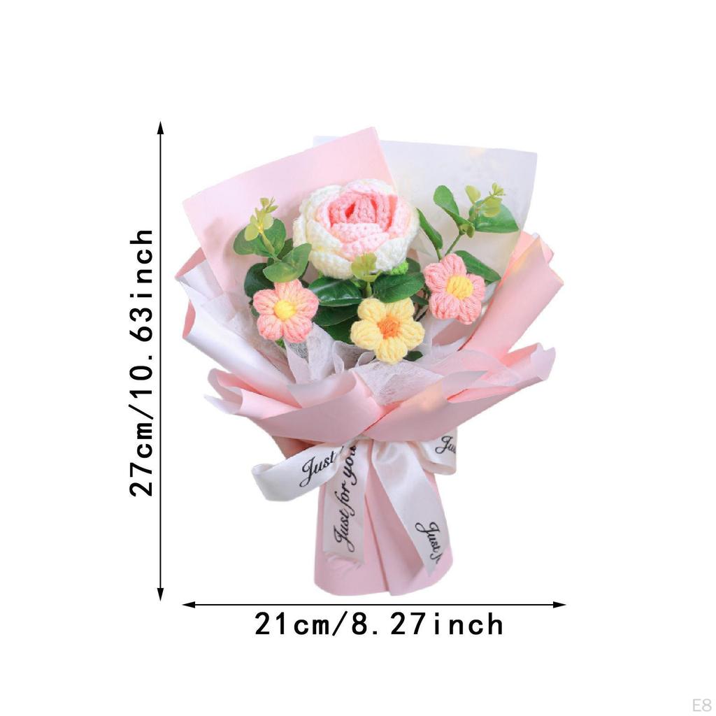 Completed Crochet Flower Bouquet Artificial Eucalyptus Leaves Ornament Handmade Knitted for