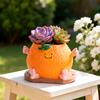 Cute Smiling Orange Succulents Planter, Realistic Orange Shaped Pot with Wooden Base, Kawaii Desktop Decor for Office Desk, Indoor Small Plant Pot
