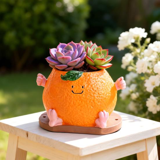 Cute Smiling Orange Succulents Planter, Realistic Orange Shaped Pot with Wooden Base, Kawaii Desktop Decor for Office Desk, Indoor Small Plant Pot