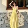 2026 Summer Beautiful Seaside Vacation Suspender Dress Neck Collar Yellow Loose Lazy Style Dress Tide