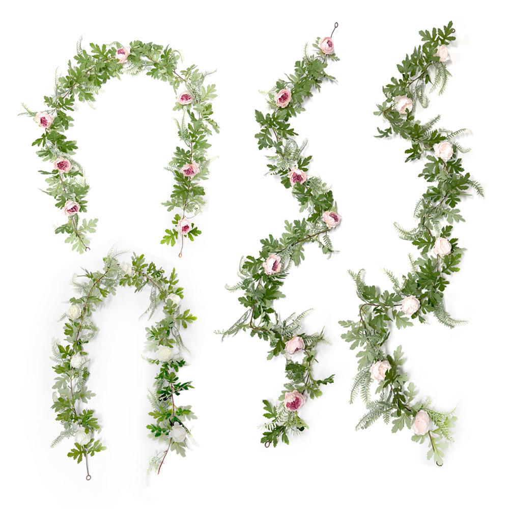 Artificial Simulation of Green Plants On The Home Dining Table of Pteris Multifida Paeonia Suffruticosa and Rattan