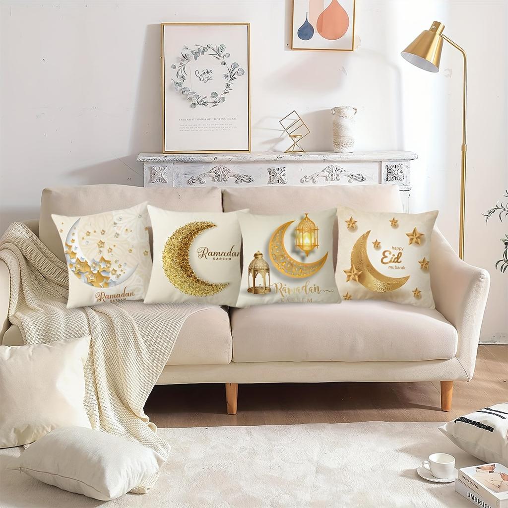 Golden Eid Mubarak Moon Cushion Covers Square Elegant Printed Zipper Closure Pillow Core Living Room Chair Sofa Bedroom Decora