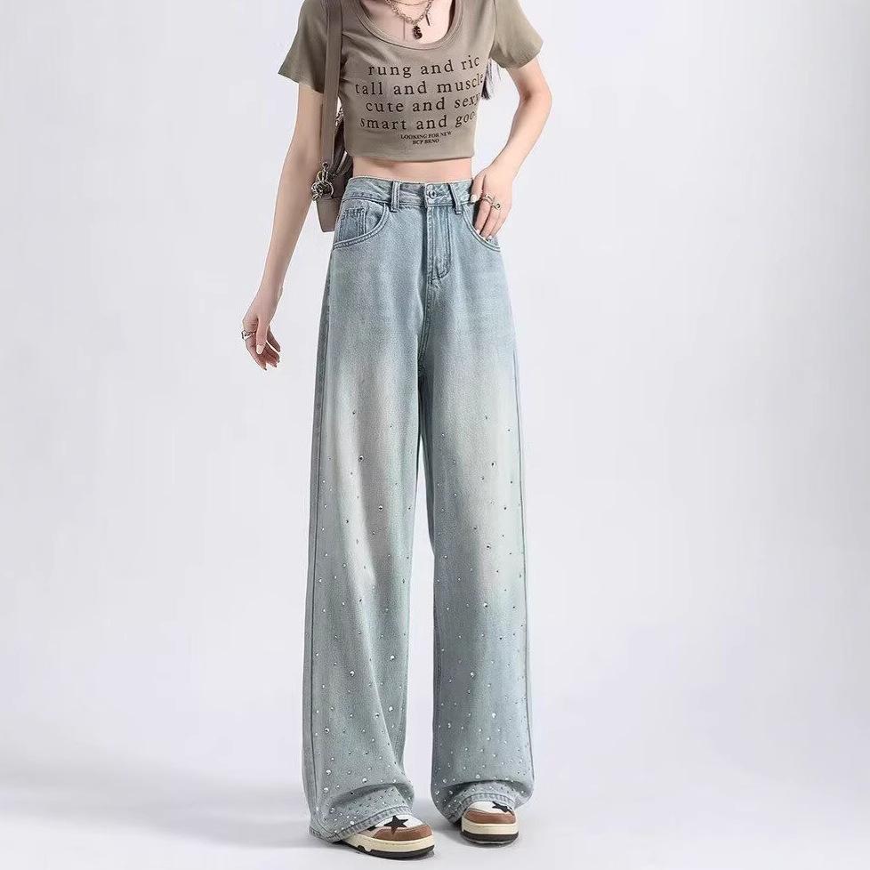 New Light Color High Waist Heavy Industry Hot Diamond Wide-leg Denim Trousers Large Size Loose Design Straight Floor Mopping Pants
