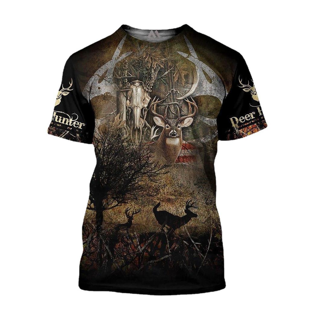 Deer 3D Printed Short Sleeved T-shirt Summer Breathable Polyester Simple Round Neck Top