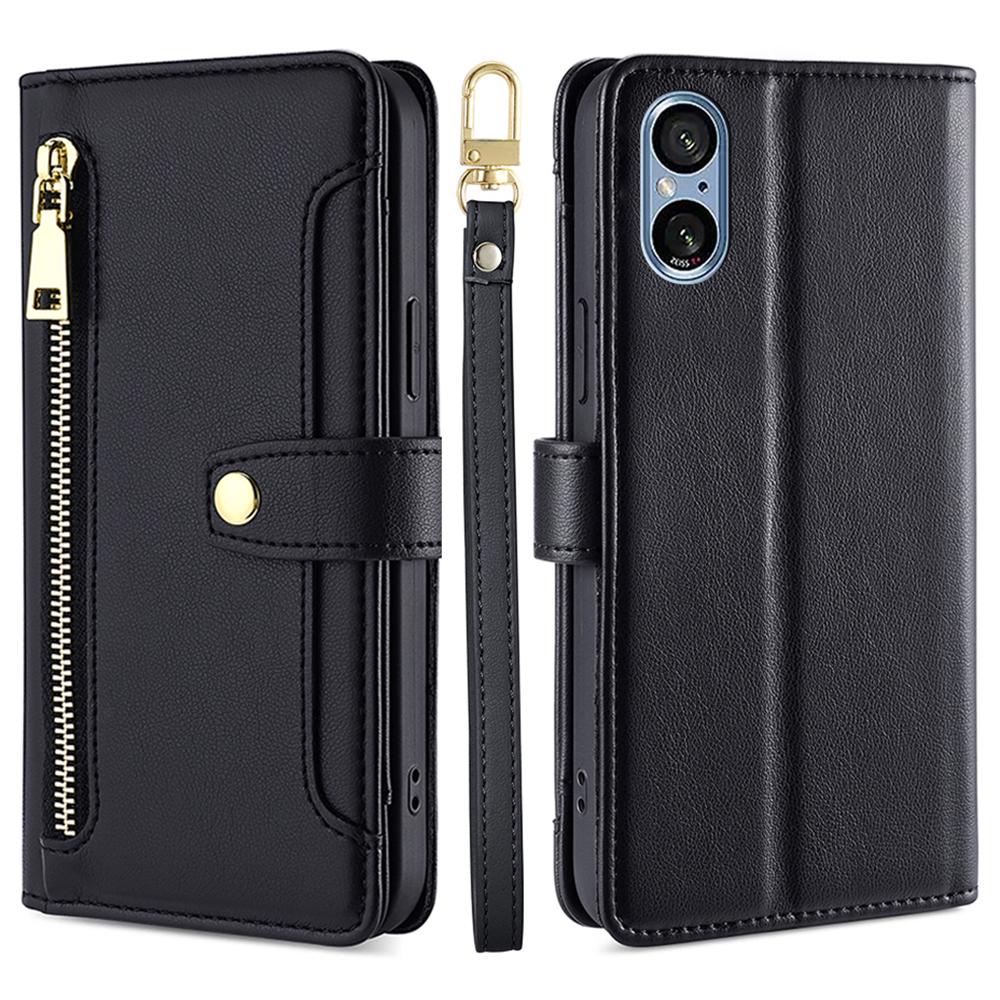 

For Sony Xperia 5 V Case Wallet Stand Textured Leather Phone Cover with 2 Straps Black