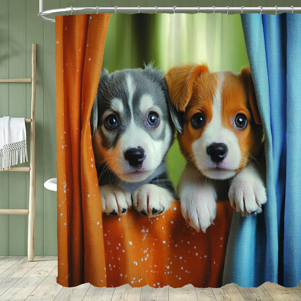 1pc Cute Cat Shower Curtain,Modern Printed Cartoon Animal Dog Bathroom Curtain,Home Polyester Decoration Curtain With Hooks