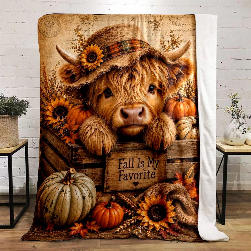 "Highland Cow and Pumpkin Fall warm quilt- Flannel blanket for bedroom, living room, sofa, and nap