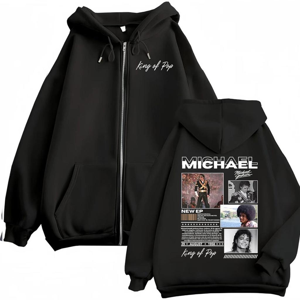Re del Pop Michajackson Era Bad Felpa con Cappuccio e Zip Uomo Donna Harajuku Streetwear Giacca Felpa Pile Casual Zip-Up Pullover