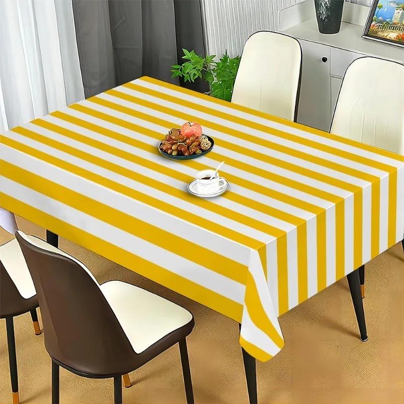 1pc Yellow and White Striped Tablecloth, Suitable for Kitchen, Dining Room, Party and Home Decoration tablecloth.PMJ