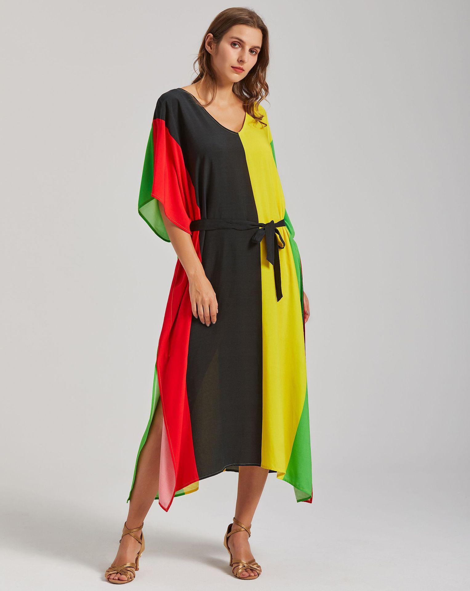 

Районный четырехцветный пэчворк длинный халат пляжная накидка на бикини One Size