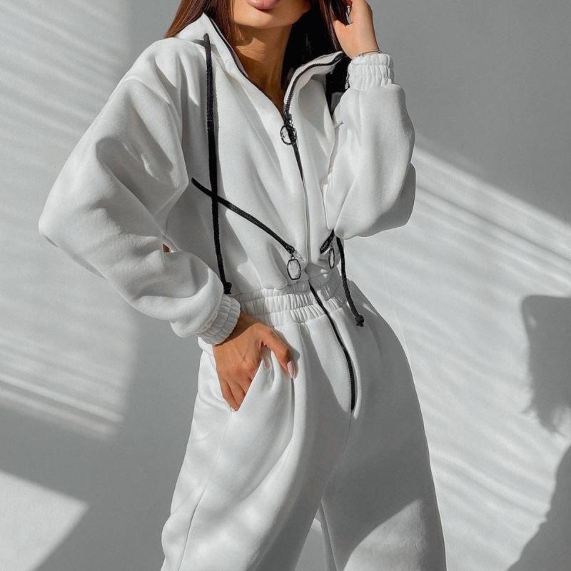 Sports and Leisure Women's Zipper Decoration Hooded Jumpsuit One-piece Suit