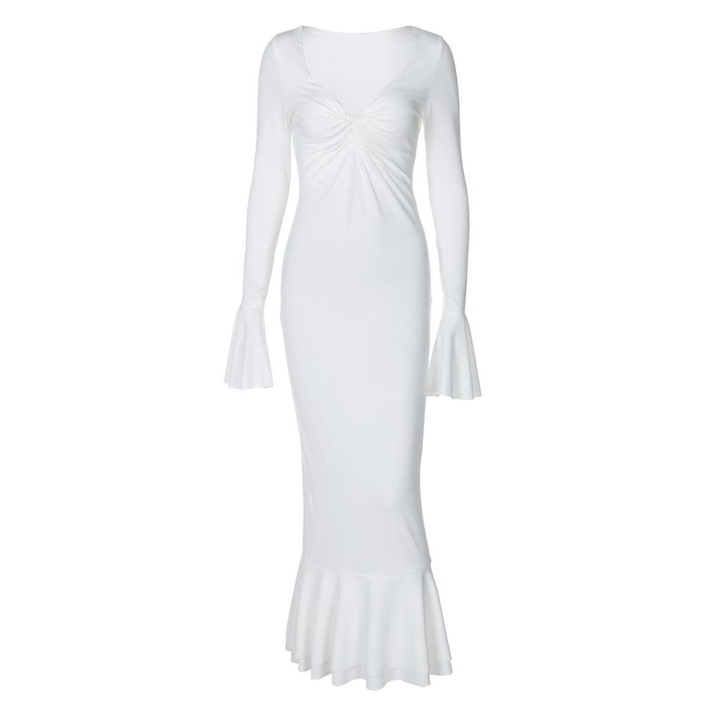 Deep V Horn Long Sleeve Fanny Pack Hip Pleats Pure Sexy Pure Wind Long Dress