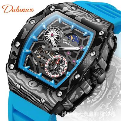 Moda Skeleton Flywheel Sports Relógios Para Homens Relógio Mecânico Automático Luxo Luminoso Fase Da Lua Tonneau Relógio De Pulso