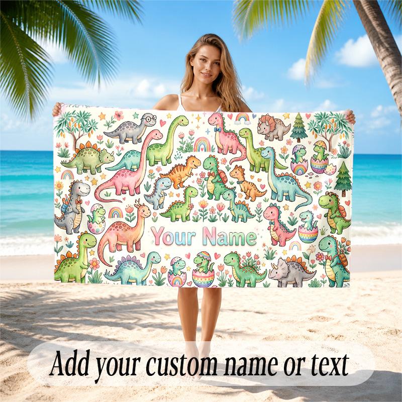 Dinosaur Theme Quick Dry Beach Towel Custom Name Text Print Large Sand Resistant Towel Beach Vacation