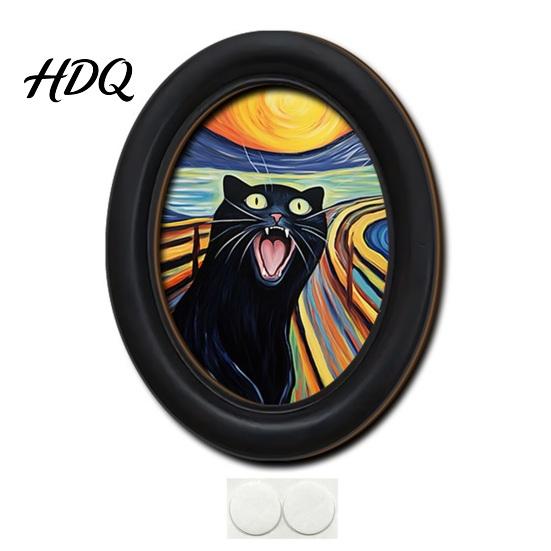 Abstract Expressionist Cat Prints Art Wall Decor Oval 2D Wood Framed Funny Painting Deconstructive Style Print Vintage Ornament for Living