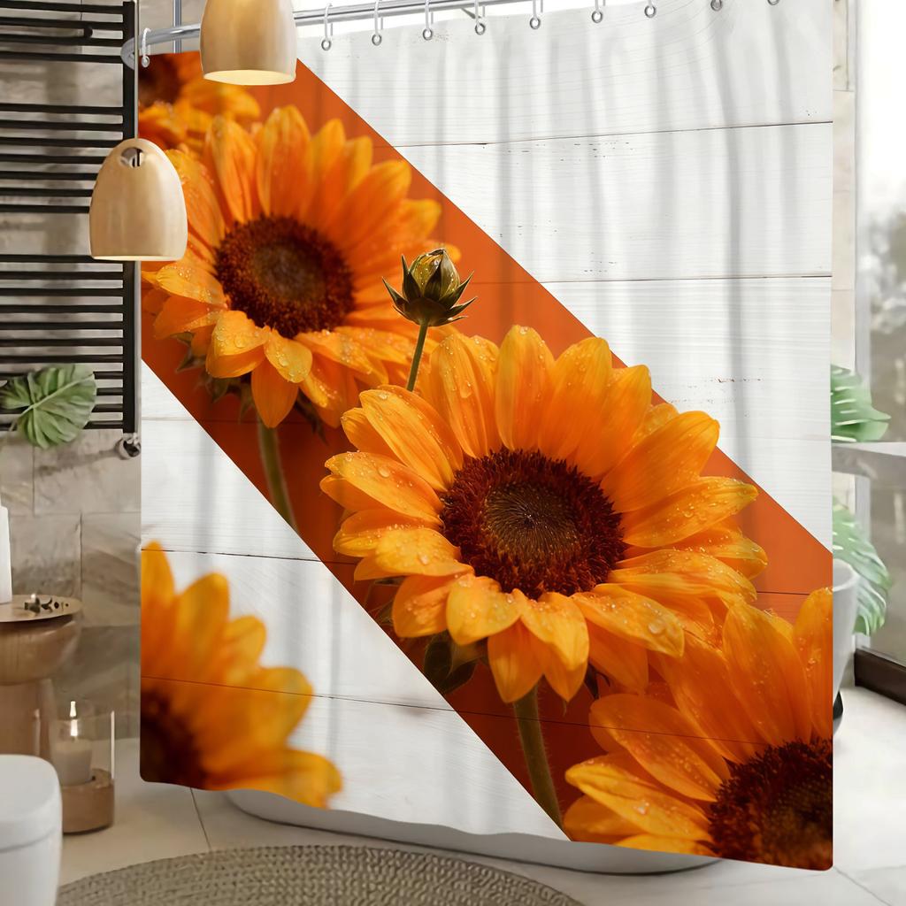 Flower Theme Bathroom Shower Curtain Fresh Sunflowers Roses Lilies Decoration Waterproof Bathroom Polyester Curtain With Hooks