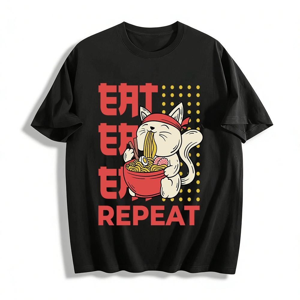 Eat Eat Eat Repeat Ramen Cat Graphic Casual Tee Foodie Top Pure cotton T-shirt XXS
