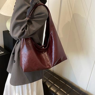 Red Shoulder Bag for Women Retro Versatile Large Capacity Casual Feminine Tote Simple PU Leather Shopping Bags